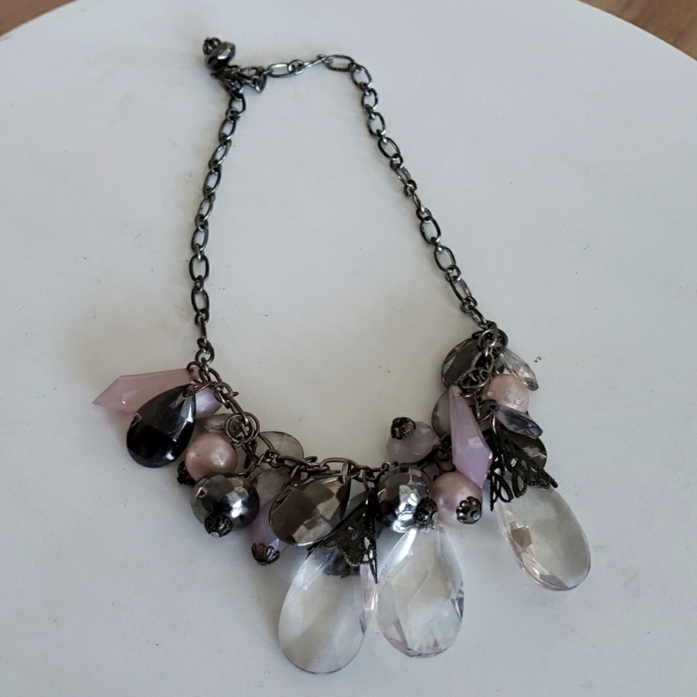 Teardrop Dangle Statement Necklace Pink Crystal Pendant Beaded Silver Tone 16 in